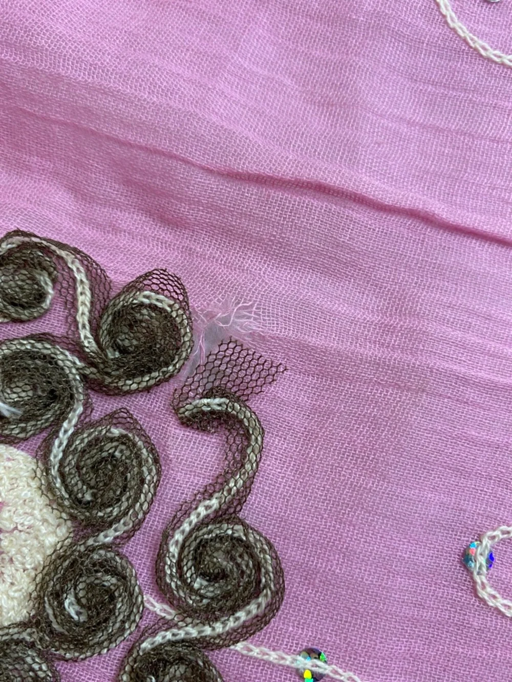 Vintage Y2K Boho Tickled Pink Embroidered Sequin 100% Cotton Scarf 66”X 15”